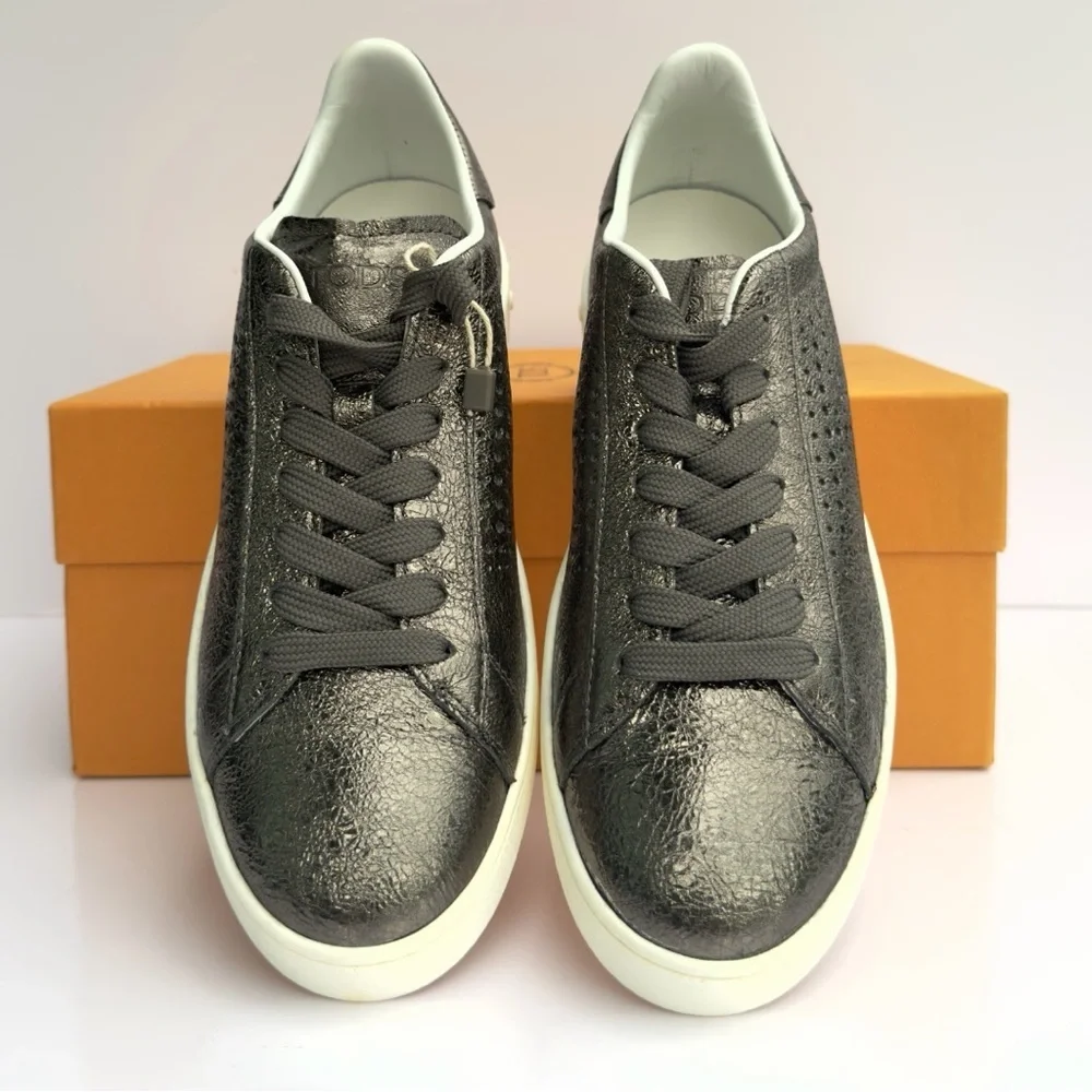 Tod's Women’s Metallic Gunmetal Silver Perforated Leather Low Top Sneakers NEW